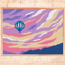 hot air balloon cross stitch pattern, modern cross stitch pdf, landscape x-stitch chart