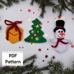 Snowman applique crochet pattern, Flat Christmas tree crochet pattern, Christmas decorations crochet pattern