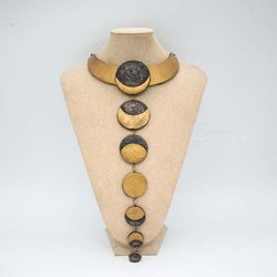 Moon phases gold statement necklace polymer bib necklace long chunky necklace