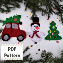 Snowman applique crochet pattern, Red car with Christmas tree crochet pattern, Christmas crochet patterns, Xmas crochet
