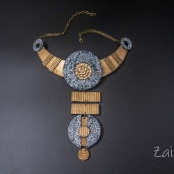 Zentangle Statement necklace geometrical Bib necklace wearable art contemporary jewelry long necklace
