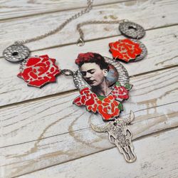 Frida Kahlo statement necklace bull skull polymer bib necklace long chunky necklace