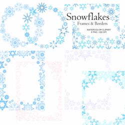 Christmas Frame & Border, PNG, Watercolor Snowflakes Clipart, Blue Snowflake, New Year, Snow, Winter, Holidays, Snowy