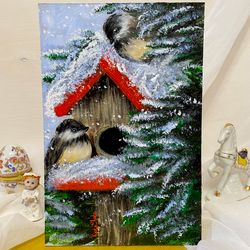 Bird Sparrow art. Witer snowly forest painting.