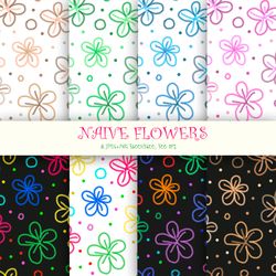 Naive flowers. Set of seamless patterns.