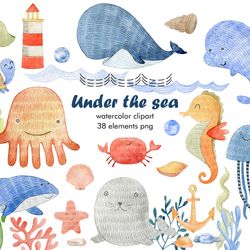 Watercolor Sea Animals clipart.