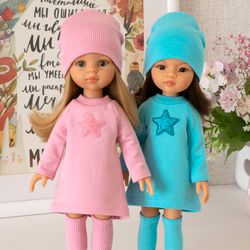 Pink and blue set clothes for Paola Reina doll, Siblies doll, Corolle, cute outfit for 13" doll, dress, hat and leggings
