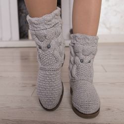 Snow ankle boots Knit ankle boots Owl boots Ugg crochet boots Knitted boots womens