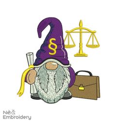 lawyer gnome embroidery design, scales of justice embroidery design, court gnome, prosecutor gnome embroidery design