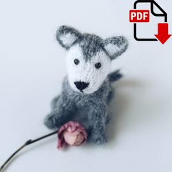 Husky puppy knitting pattern. Little knitted realistic dog step by step tutorial. DIY tiny toy. English and Russian PDF.