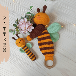 Set of 2 Patterns: Bee Baby Lovey and Crochet Baby Rattle, Bee Baby Shower Gift, Amigurumi Rattle With Toy