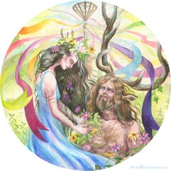 Original fantasy watercolor painting "Beltane", Couple painting, summer solstice, fantasy art, Fantasy creature