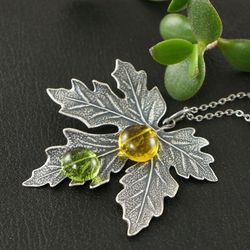 Silver Maple Leaf Necklace Woodland Forest Nature Botanical Gray Yellow Olive Green Pendant Necklace Jewelry Gift 5399