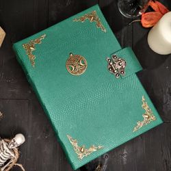 Grimoire journal blank Triple moon book of shadows with lock Old spell book Green witch book Practical book Celtic green