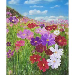 Tuscany Painting Floral Art Original Artwork Landscape Painting Flowers Art Cosmea Wall Art 19.5" by 16" by TimPaintings