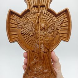 archangel michael 9.4" height wooden cross, wall crucifix, catholic cross wood, crucifix jesus, wooden carved home decor