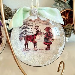 Scandinavian hand painted Christmas bauble in gift box Flat set ornament Girl feed carrot to deer Collectible ornament