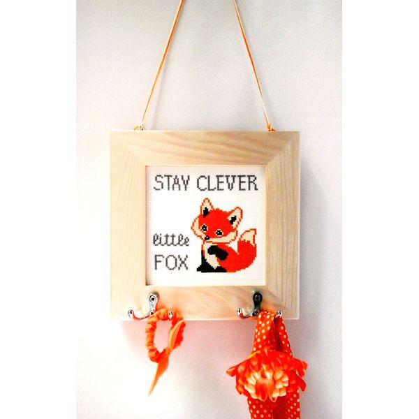 Nursery Wall Hook, Be Clever Little Fox, Positive Quotes Wall Art Framed, Embroidery Kids Design, Wooden Frame Finished Cross Stitch Picture.jpg