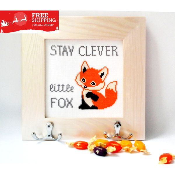 Be clever Stay clever Baby fox Little fox Embroidery kids Nursery wall hook Nursery decor Finished cross stitch picture.jpg
