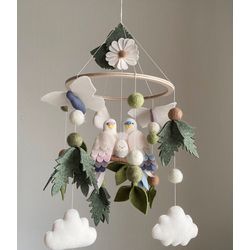 Parrot family baby mobile- parrots live in foliage- butterflies and chamomile- neutral nursery decor