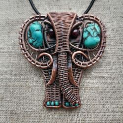 Handmade Elephant Talisman Pendant Necklace Totem Animal with Blue Stones and Antique Copper