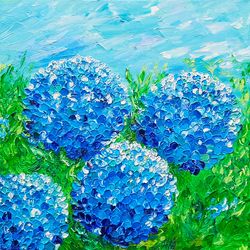 hydrangea painting flowers original art impasto oil painting blue flower artwork floral abstract square 12x12 canvas garden by Irina Jouk