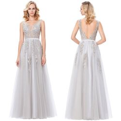 Gray Prom Wedding Dress, Long A Line Evening Dress, V-Neck Long Sleeveless Formal Prom Dress