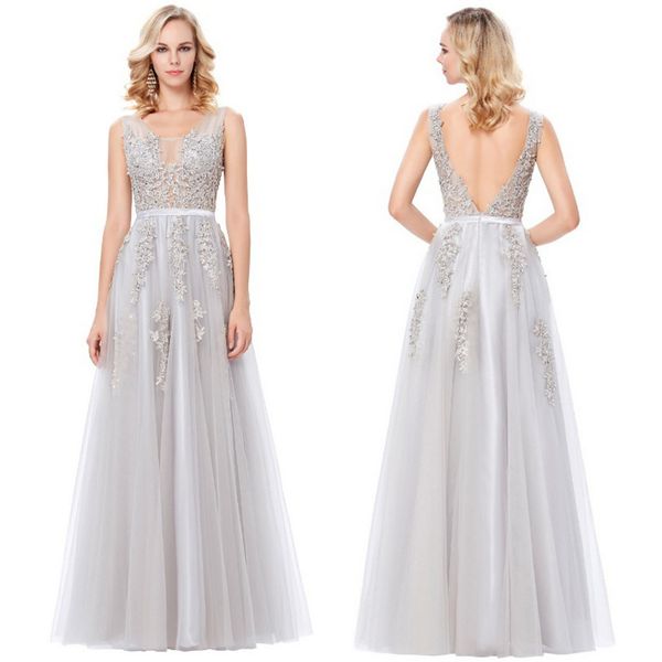 Gray Prom Wedding Dress, Long A Line Evening Dress, V-Neck Long Sleeveless Formal Prom Dress.jpg