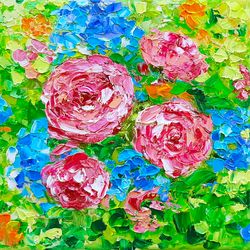 rose painting hydrangea flowers original art impasto oil painting garden floral artwork small 8x8 canvas by Irina Jouk