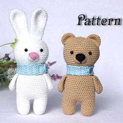 Bunny and Bear crochet pattern toy, pattern animal toy, stuffed bear rabbit toy download
