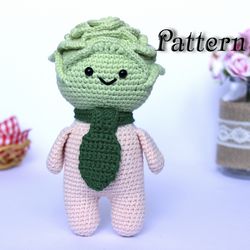 Crochet food doll pattern, Amigurumi cabbage toy pattern, Crochet cabbage head pattern, Crocheted amigurumi food pattern