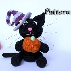 crochet cat pattern halloween toy, black cat amigurumi toy, halloween kitten crochet toy pattern