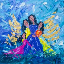 Mother Three Daughters Painting Angel Original Art Wall Canvas Family Arts MSUSA