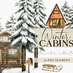 Christmas Forest Cabin Clipart, Winter Houses with Snow Covered Fir Trees for Instant Download