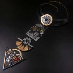 Black Statement necklace geometrical gold and silver Bib necklace wearable art contemporary jewelry long necklace