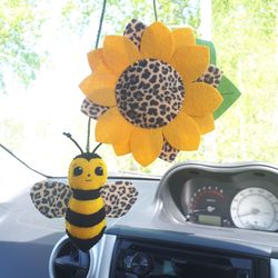 Bee plush, Leopard print, Sunflower gifts for women, Car accessories for teens, Car mirror hanging accessories, Car guy