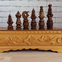 Handmade Vintage USSR Soviet Russian Wooden Chess Set Board Carving Antique Old