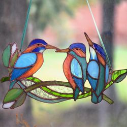 Stained blue and green glass bird suncatcher -  hanging window ornament kingfisher