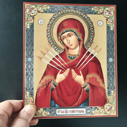 The Seven Arrows of the Mother of God | Lithography print on wood | Size: 8 3/4"x7 1/4"