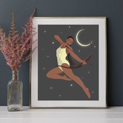 Black girl sagittarius, zodiac sign poster, astrology art, december birthday gift, black woman art.