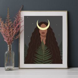 Green witch art, black woman art, witch decor, witch gifts, woodland witch, melanin beauty, green aesthetics, fairycore