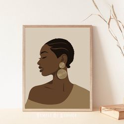Black woman with braids art, black girl poster, african american woman print, earth color wall art, beige wall art