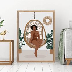 Curvy black woman in swimsuit art, happy african american woman, beautiful plus size woman, digital art, body positive