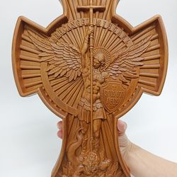 archangel michael 16.54" height wooden cross, wall crucifix catholic cross wood, crucifix jesus wooden carved home decor