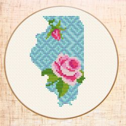 Illinois cross stitch pattern Floral map cross stitch Floral State cross stitch Flower map embroidery