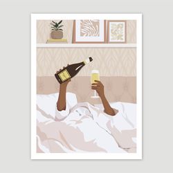 Black woman in bed with bottle of champagne, black girl art, PRINTABLE wall art, neutral color art, melanin poster