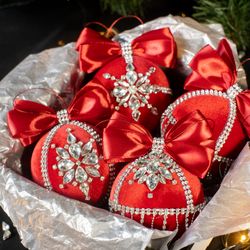 Christmas rhinestones red ornaments, handmade balls in gift box, Xmas decorations, Tree decor set, New Year tree balls