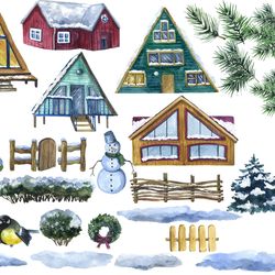watercolor holiday clipart. christmas cottage clip art png. christmas postcard. winter village illustartion. winter png