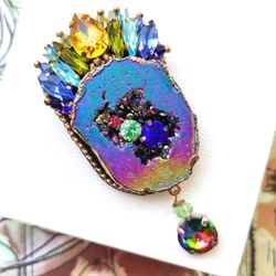 Druzy brooch, quartz brooch, quartz jewelry, stone brooch, rainbow brooch, gemstone brooch, brooch pin, chrystal brooch