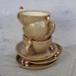 Amanita mushroom mug and saucer, amanita 6oz cappuccino cup, goblincore toadstool gift mug, small ceramic coffee cup.